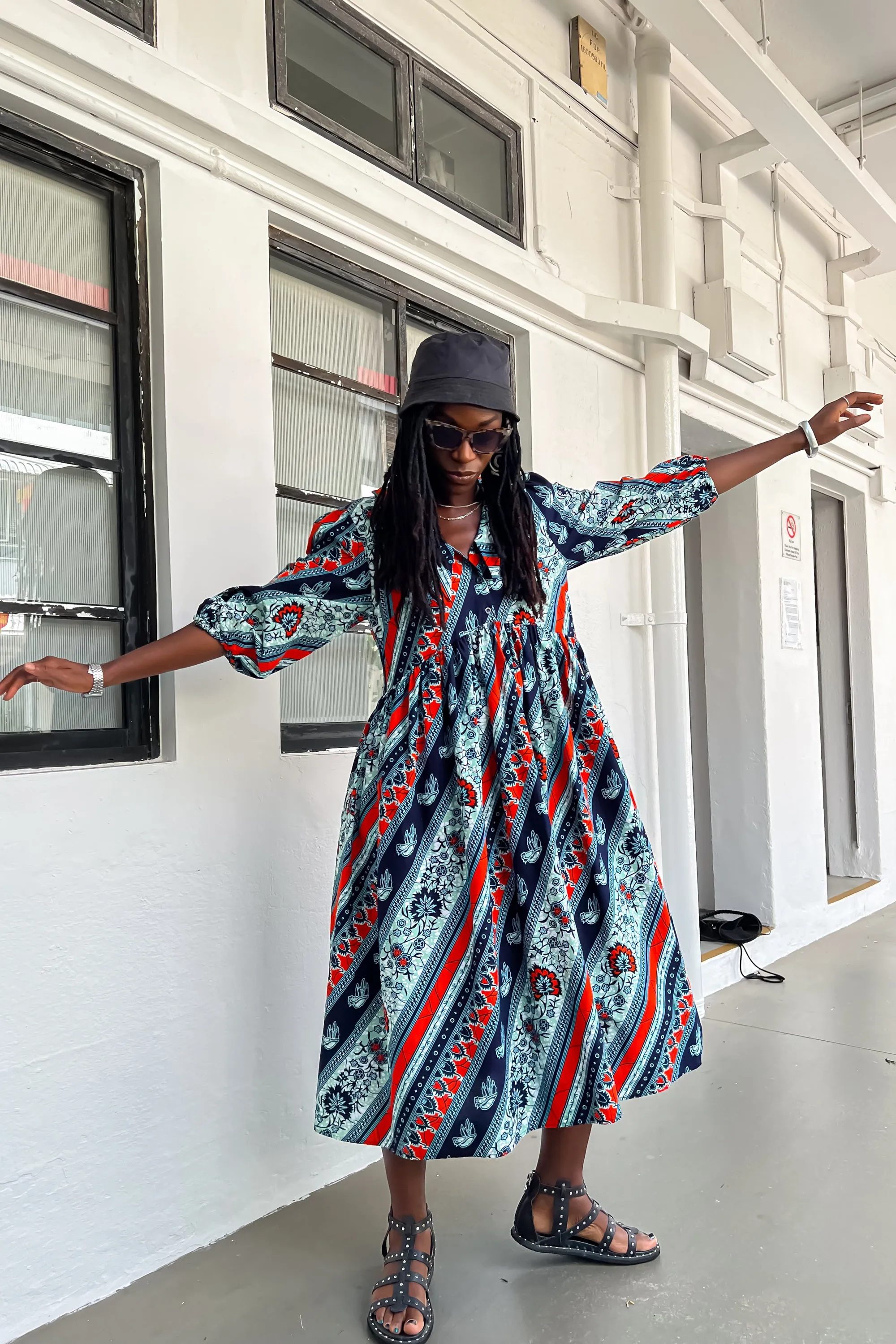 Asali Maxi Smock Dress - Blue and Orange African Ankara Wax Cotton Print