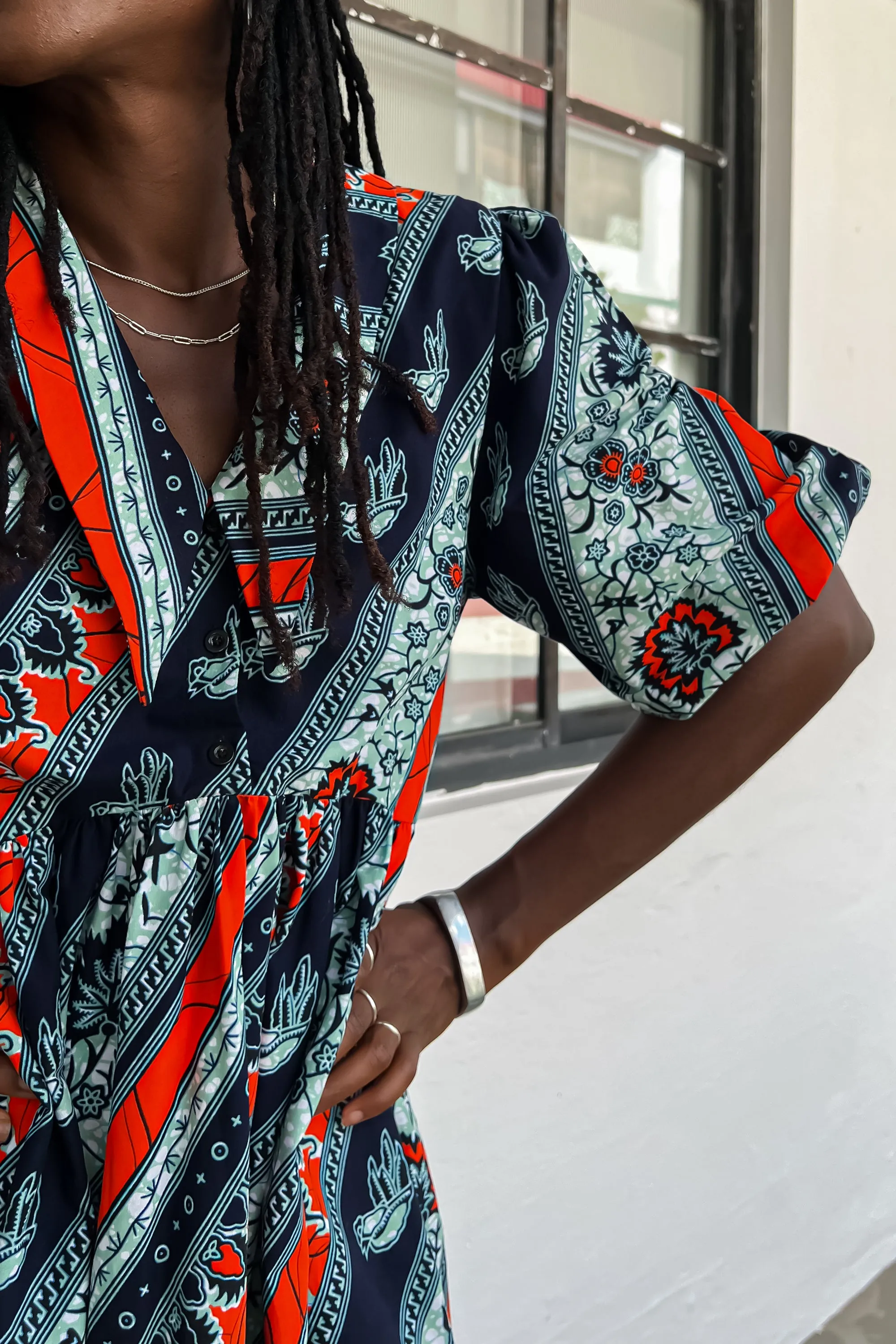 Asali Maxi Smock Dress - Blue and Orange African Ankara Wax Cotton Print