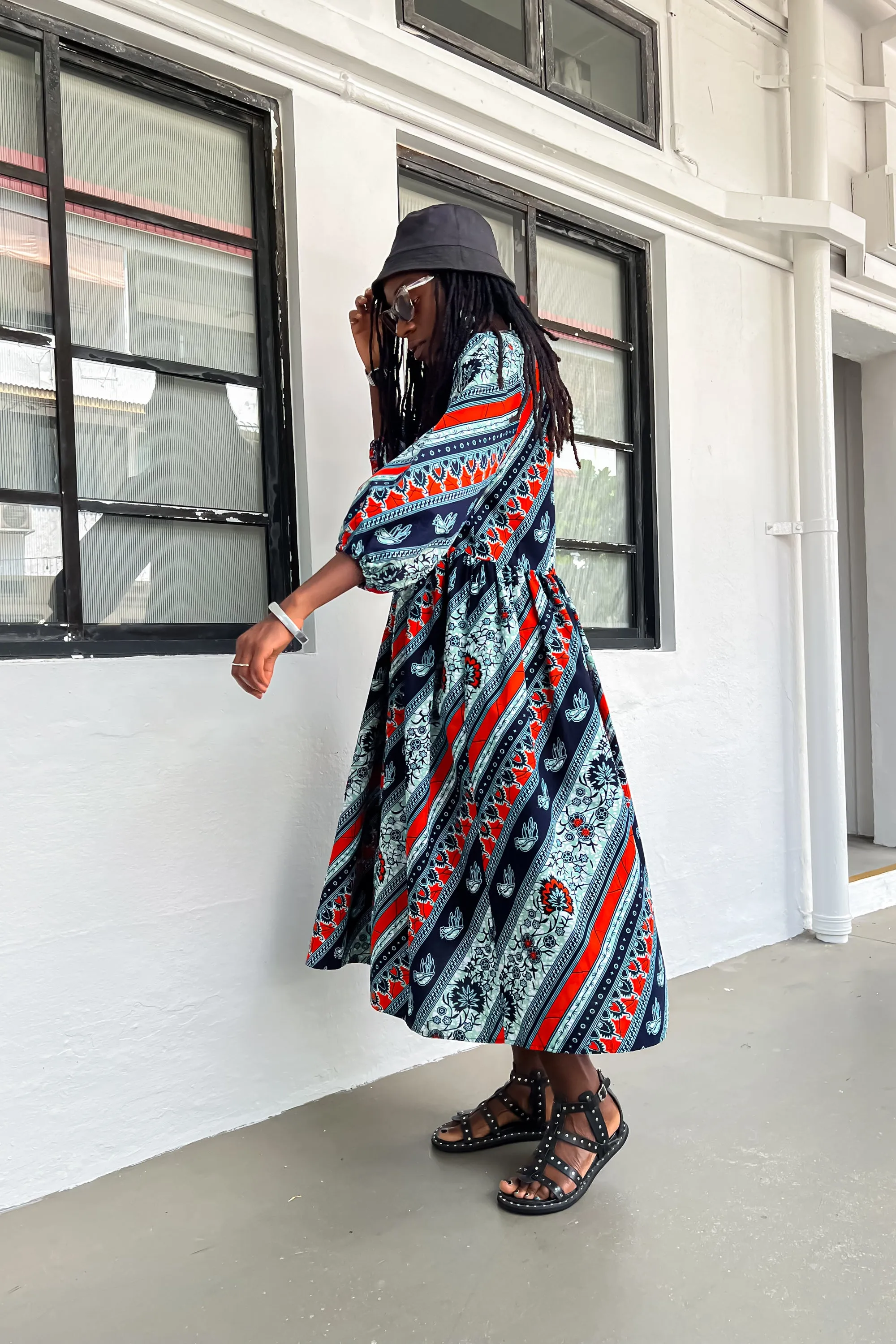 Asali Maxi Smock Dress - Blue and Orange African Ankara Wax Cotton Print