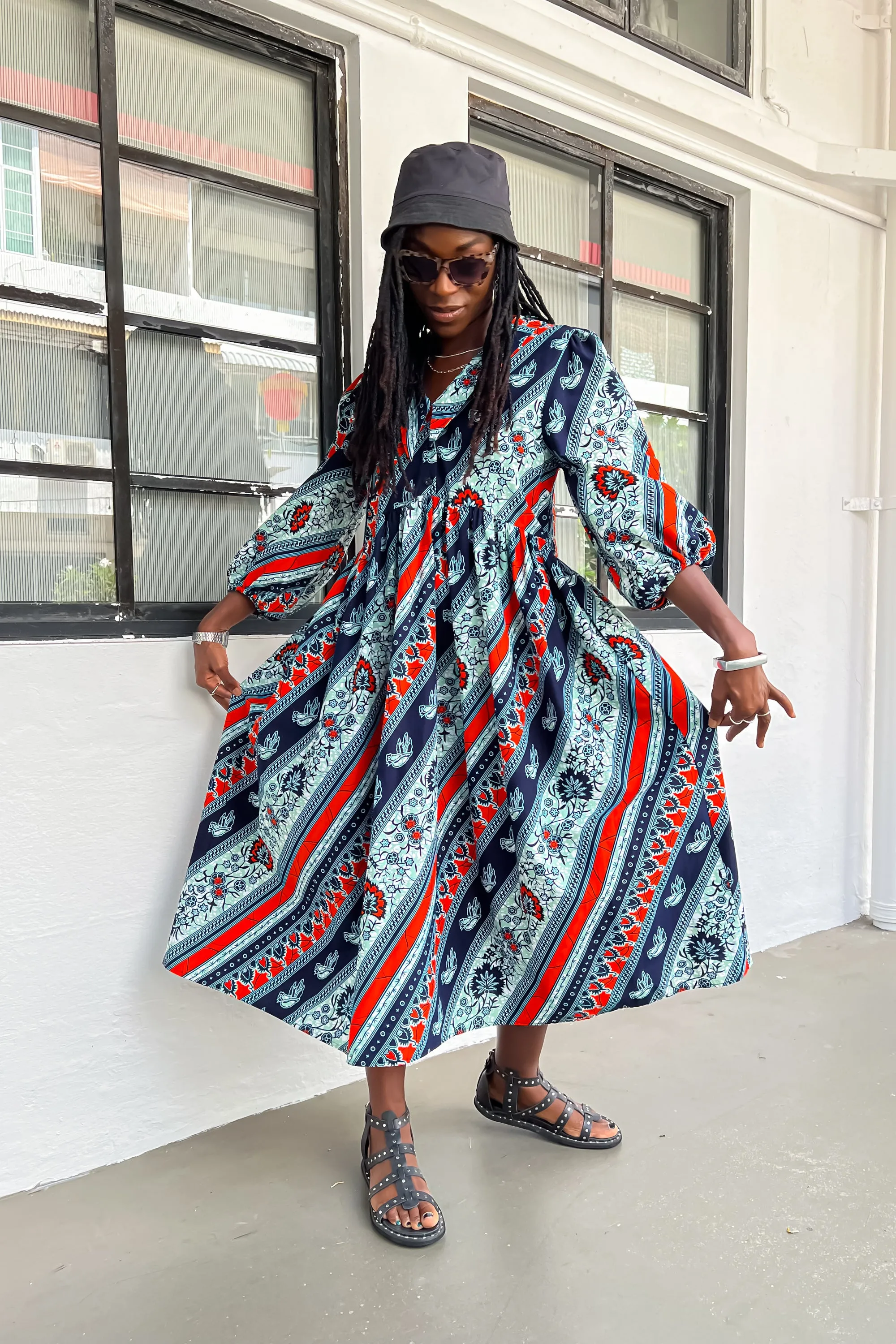 Asali Maxi Smock Dress - Blue and Orange African Ankara Wax Cotton Print