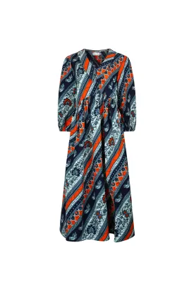 Asali Maxi Smock Dress - Blue and Orange African Ankara Wax Cotton Print