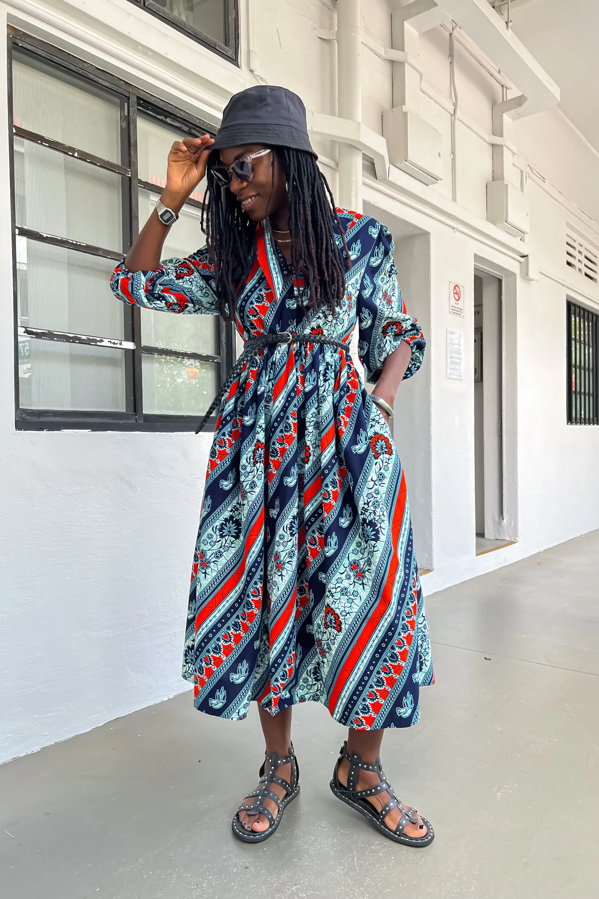 Asali Maxi Smock Dress - Blue and Orange African Ankara Wax Cotton Print