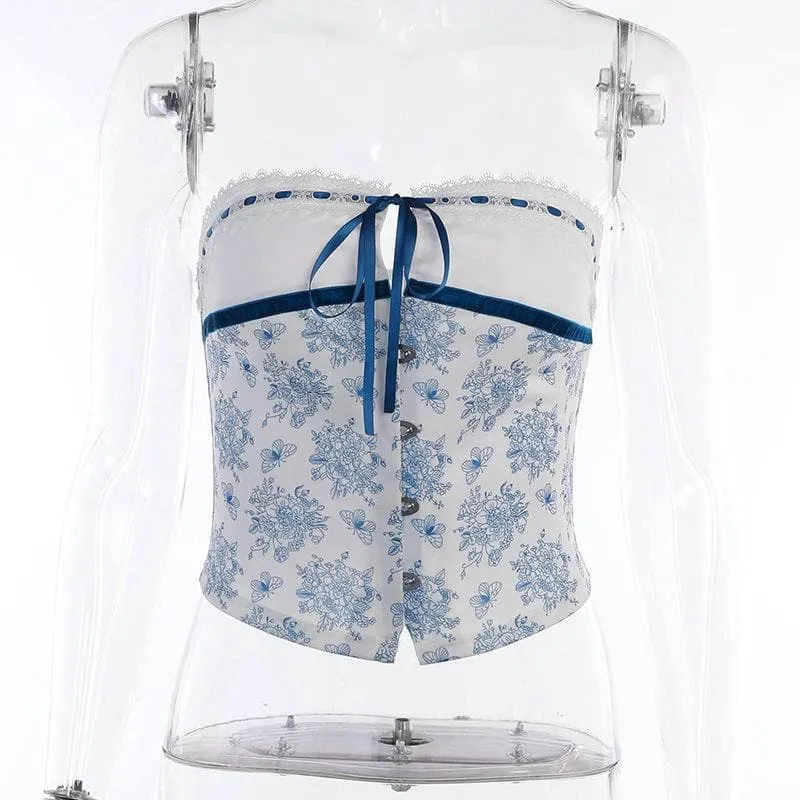 Backless lace hem button flower print stitch tube top