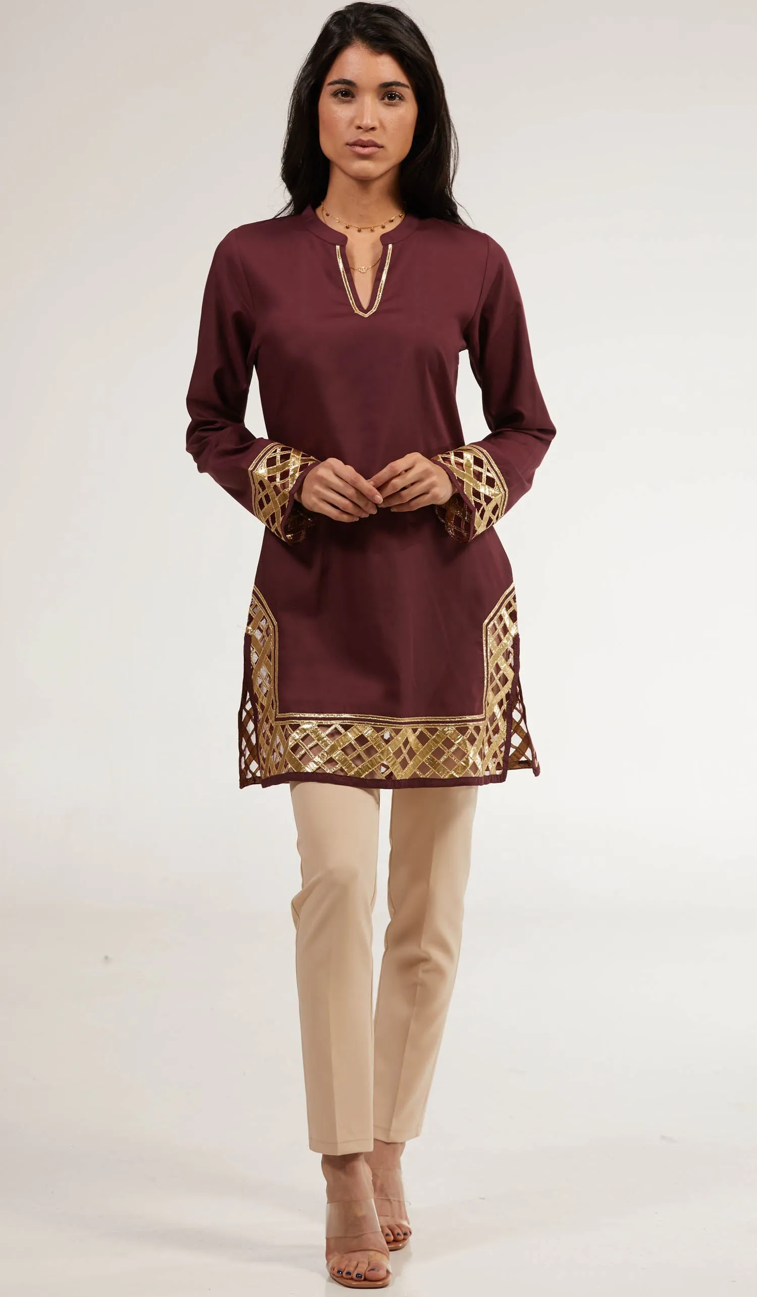 Behnaz Gold Embellished Long Modest Tunic - Orchid