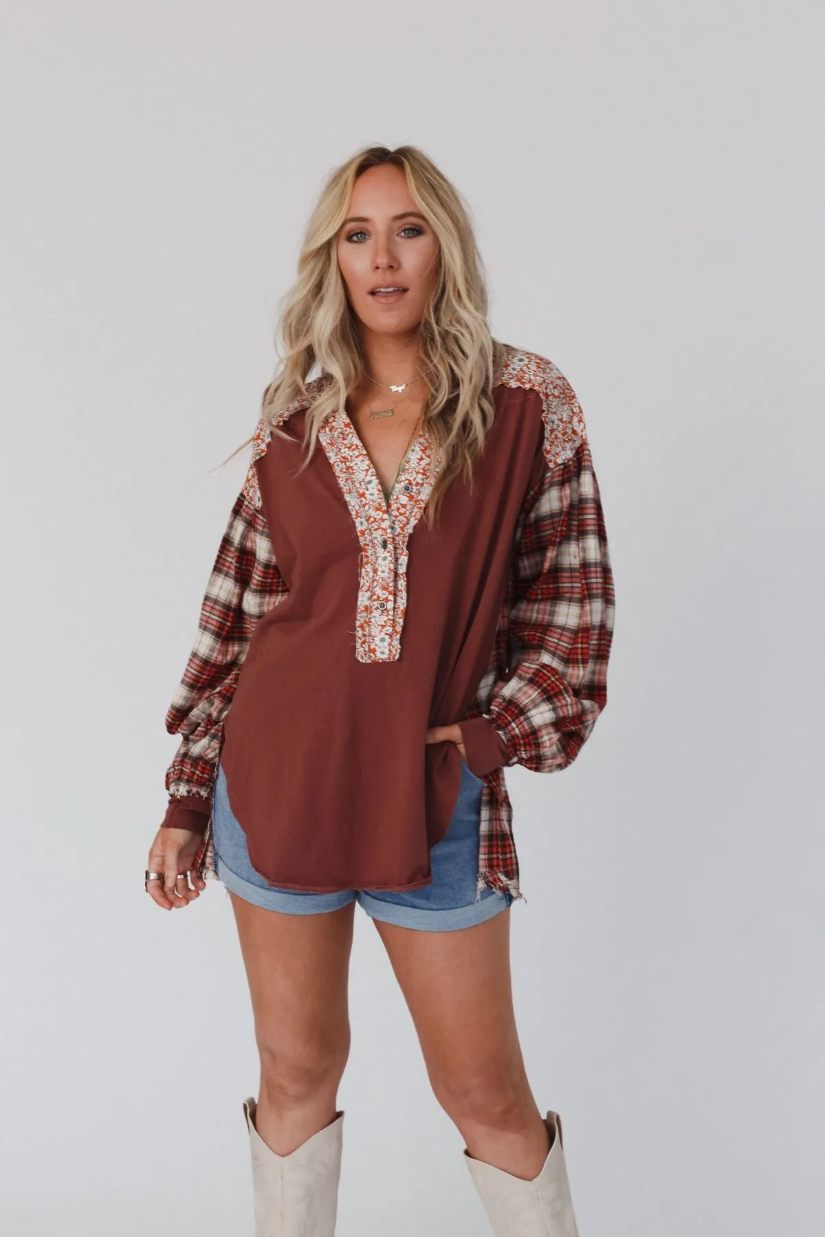 Better Together Mixed Print Top - Apple Wood