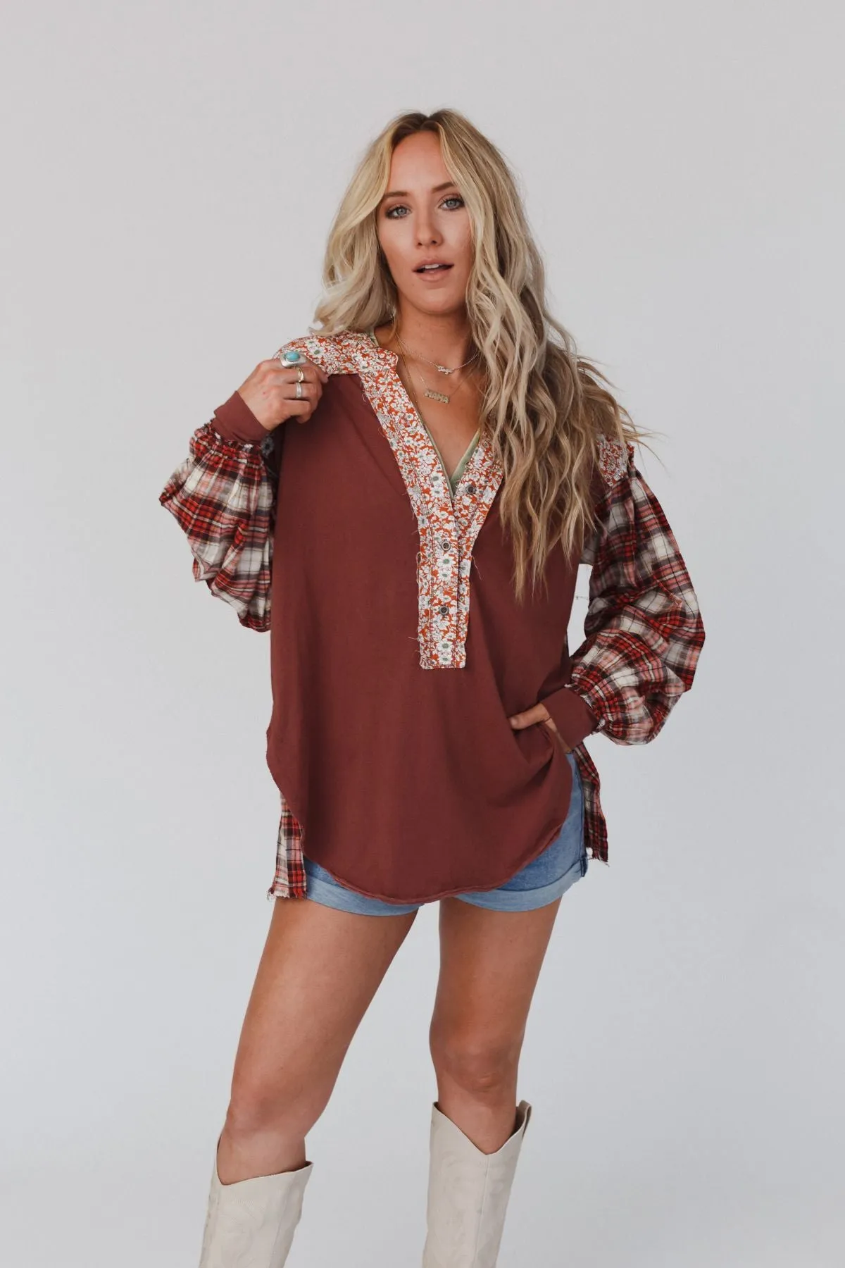 Better Together Mixed Print Top - Apple Wood