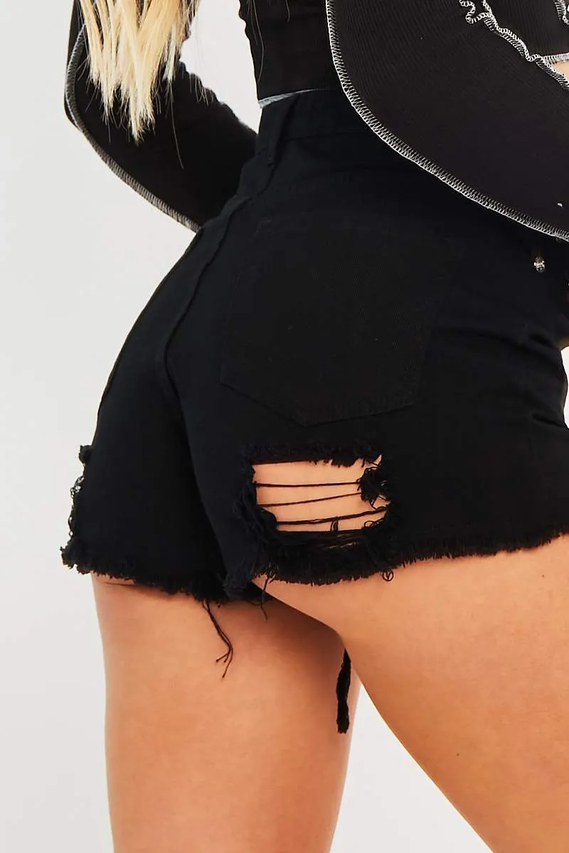 Black Distressed Hemline Denim Shorts - Charlotte