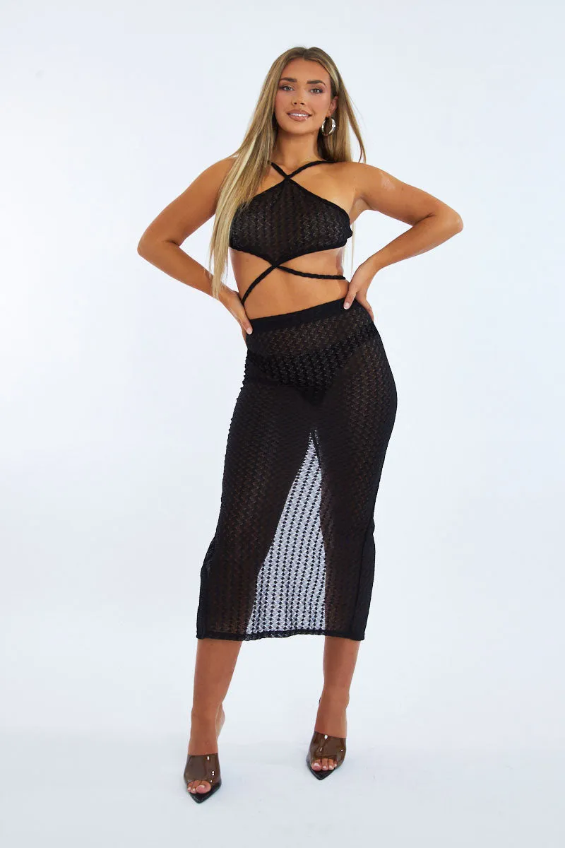 Black Lace Crop Top & Midi Skirt Set - Josephine