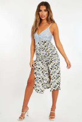 Blue Floral Front Ruched Midi Skirt - Esmie