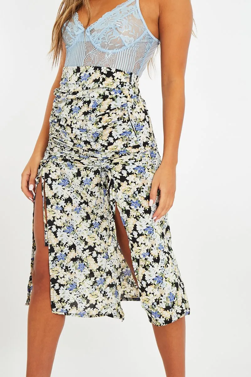 Blue Floral Front Ruched Midi Skirt - Esmie