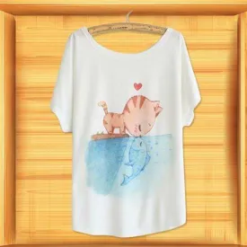 Cat Kisses Fish Soft Vintage Feel Graphic Boyfriend Tee - One Size