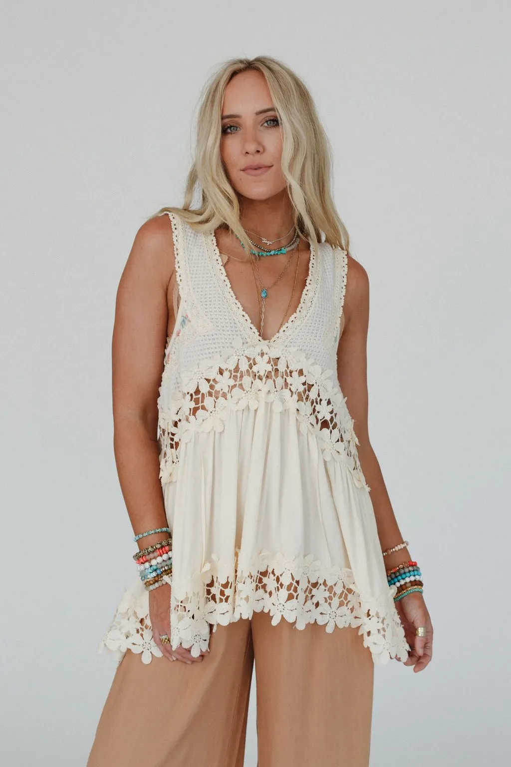 Catania Lace Trim Tunic Top - Cream