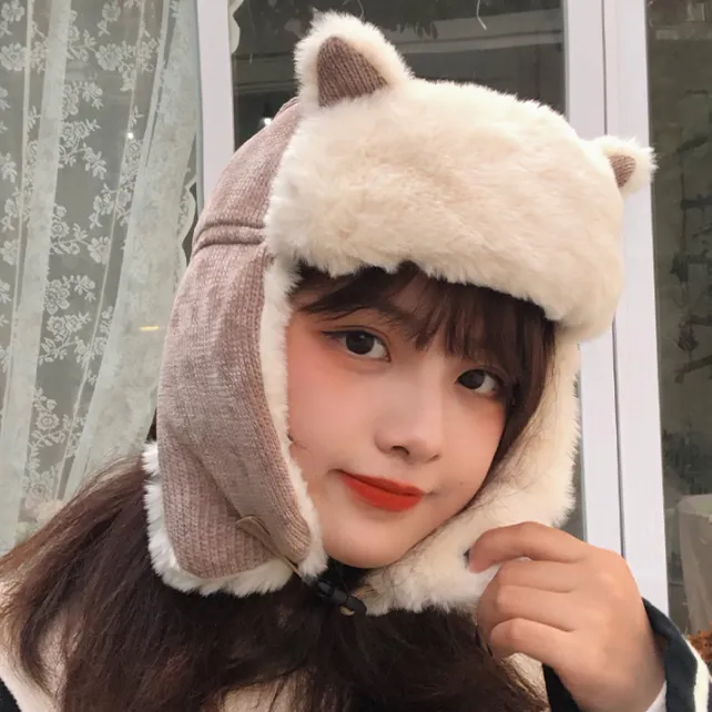 Cute Ears Faux Fur Corduroy Earflap Hat