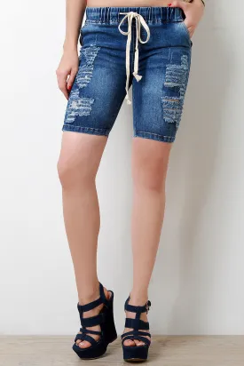 Distressed Denim Knee-Length Shorts