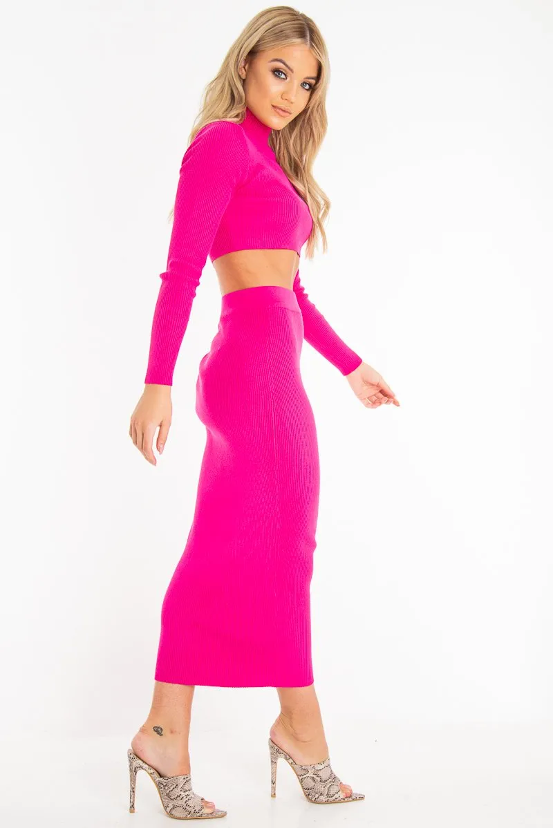 Fuchsia Rib Knit High Neck Jumper Midi Skirt Co-Ord - Katelyn