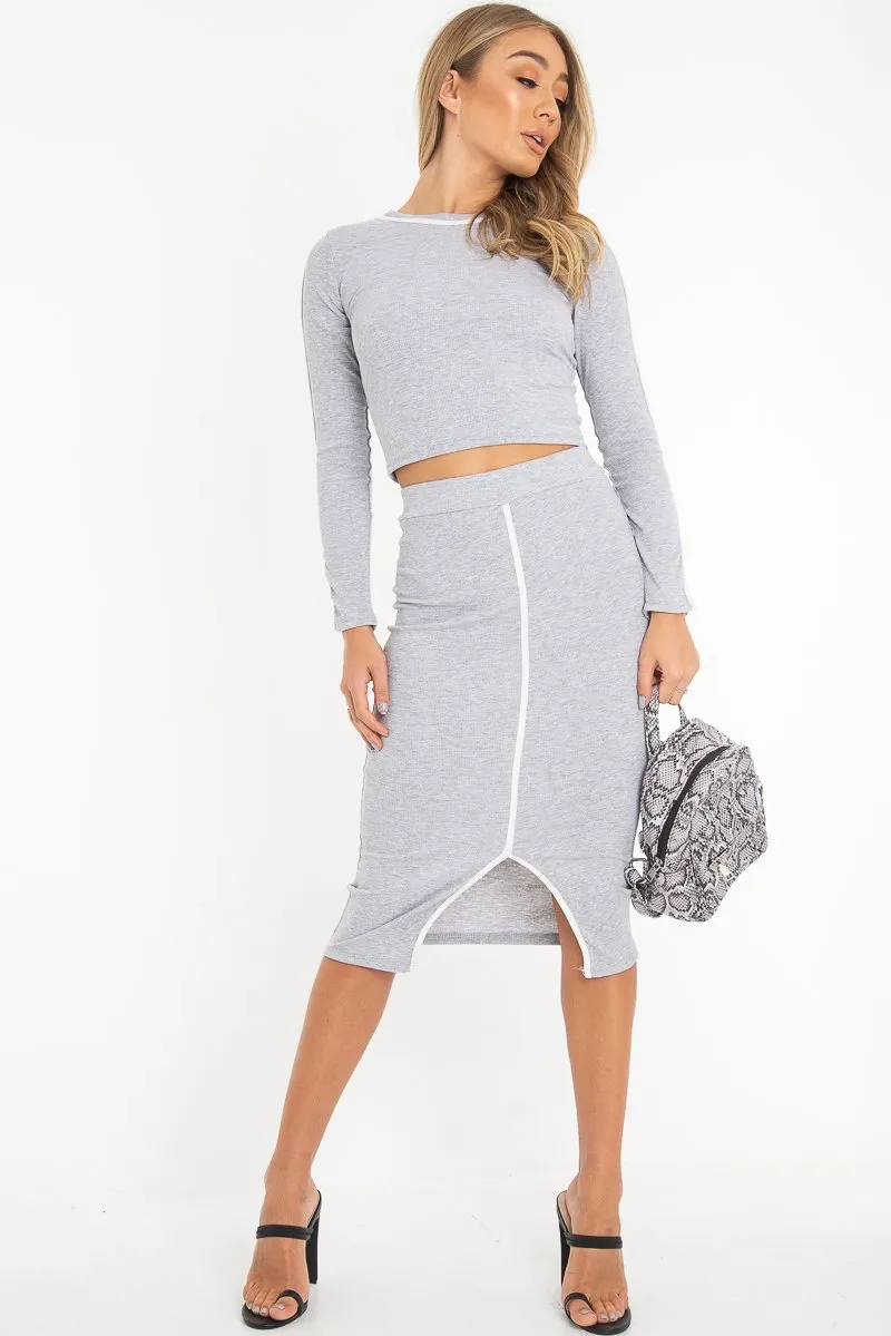 Grey Rib Contrast Piping Top Midi Skirt Co-Ord - Ibbie