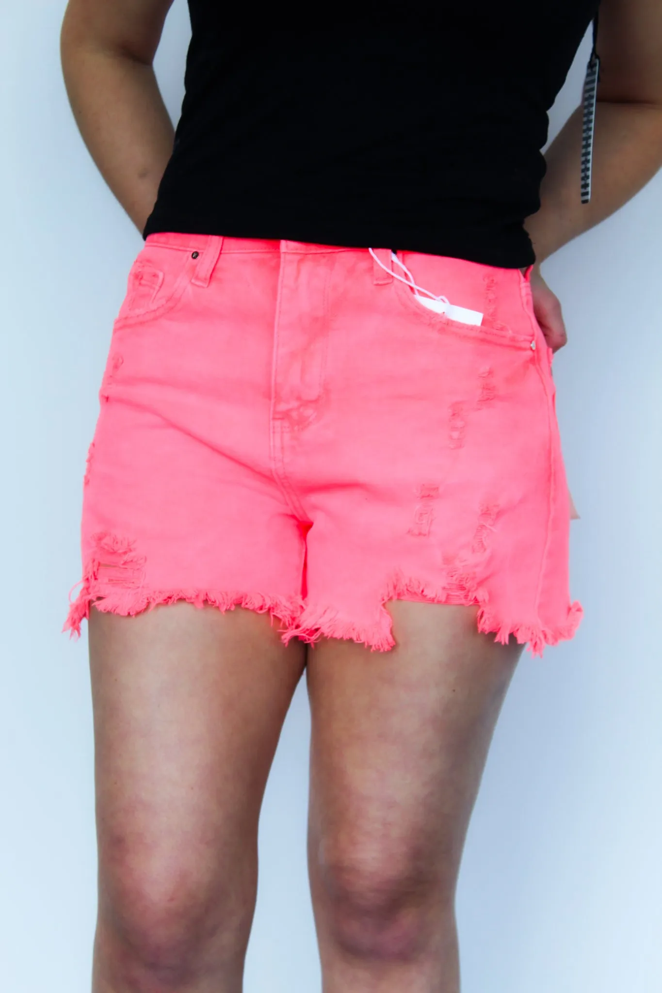 High Rise Distressed Detail Shorts- Bright Coral