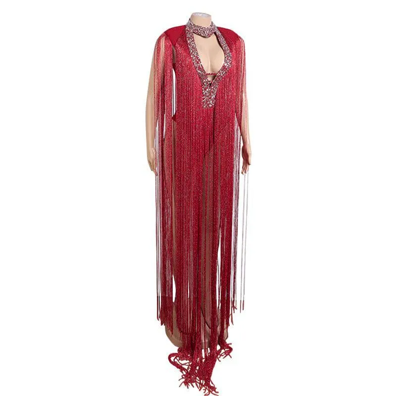 Jiordana V Neck Fringe body suit