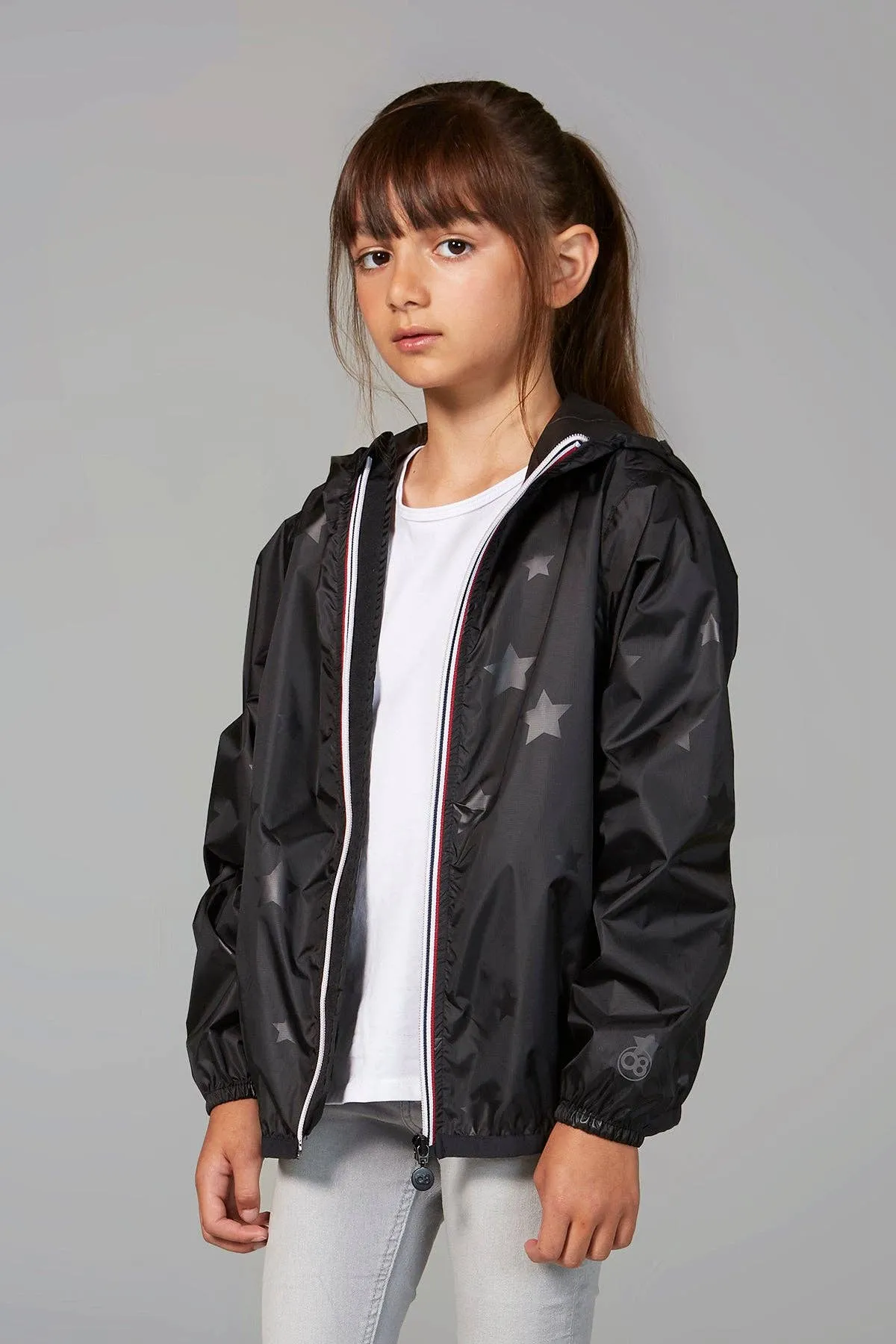 Kid's Black Gloss Stars Full Zip Packable Rain Jacket and Windbreaker