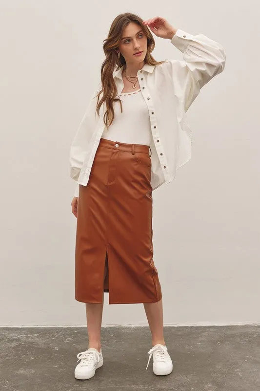 Leather Perfection Caramel Midi Skirt