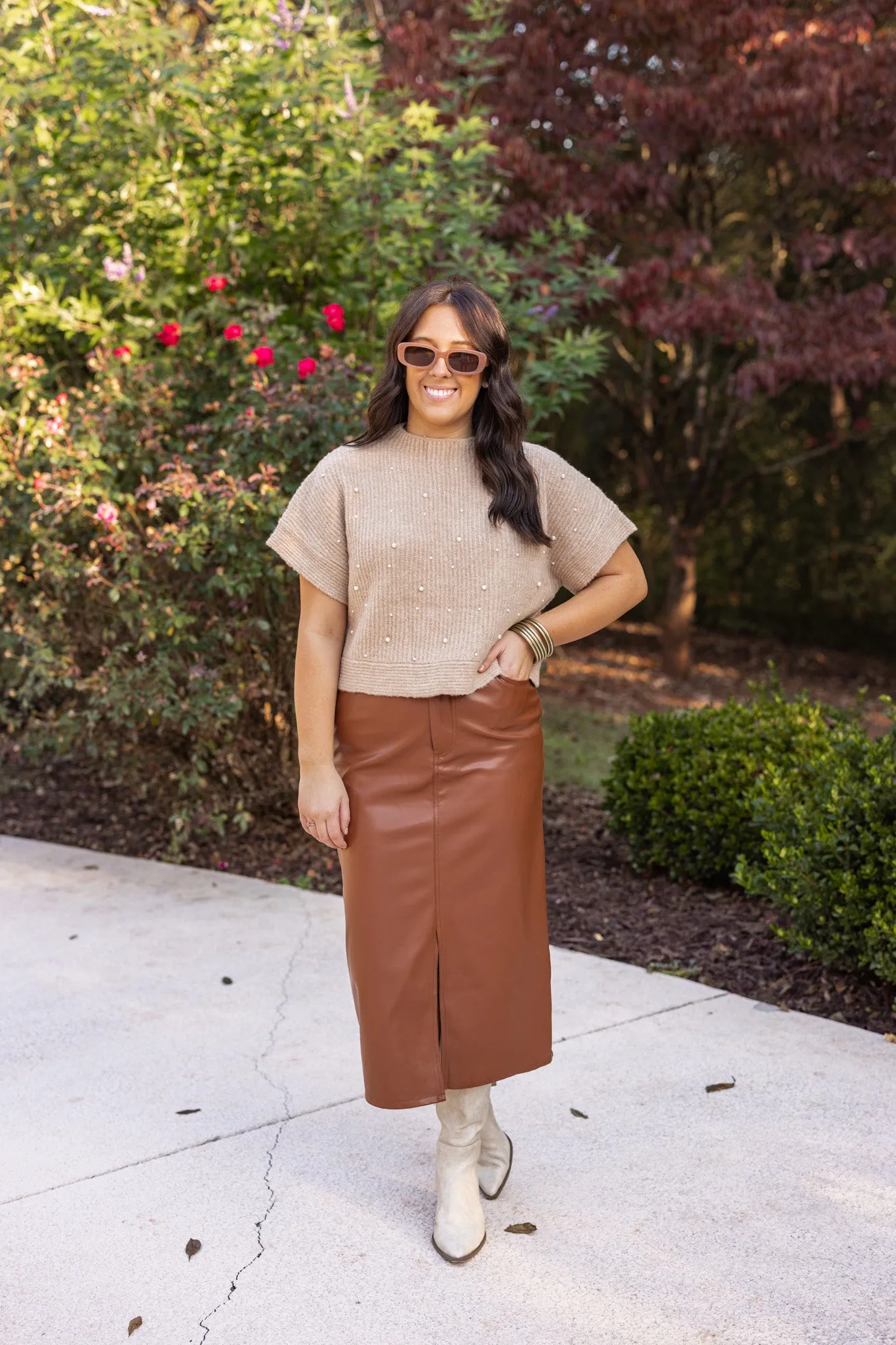 Leather Perfection Caramel Midi Skirt