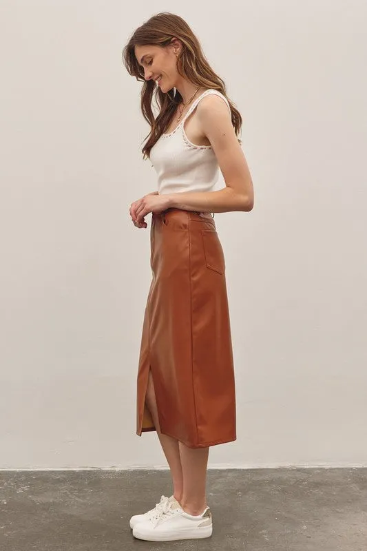 Leather Perfection Caramel Midi Skirt