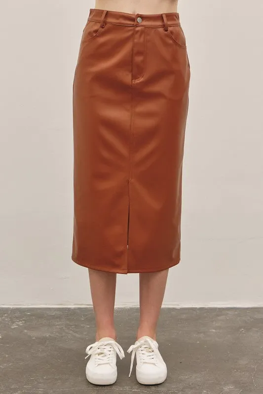 Leather Perfection Caramel Midi Skirt