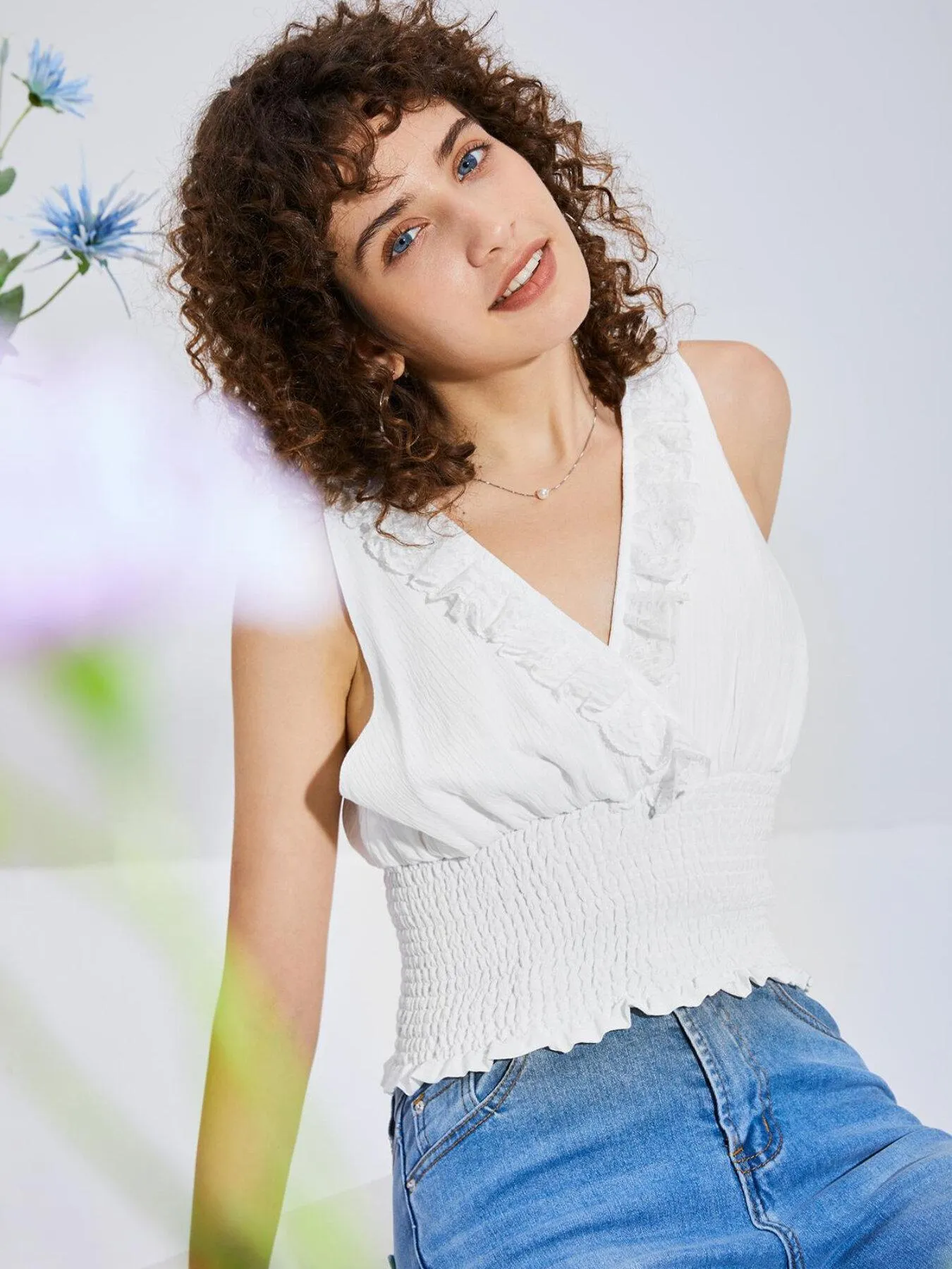 Lettuce Trim Shirred Frill Top