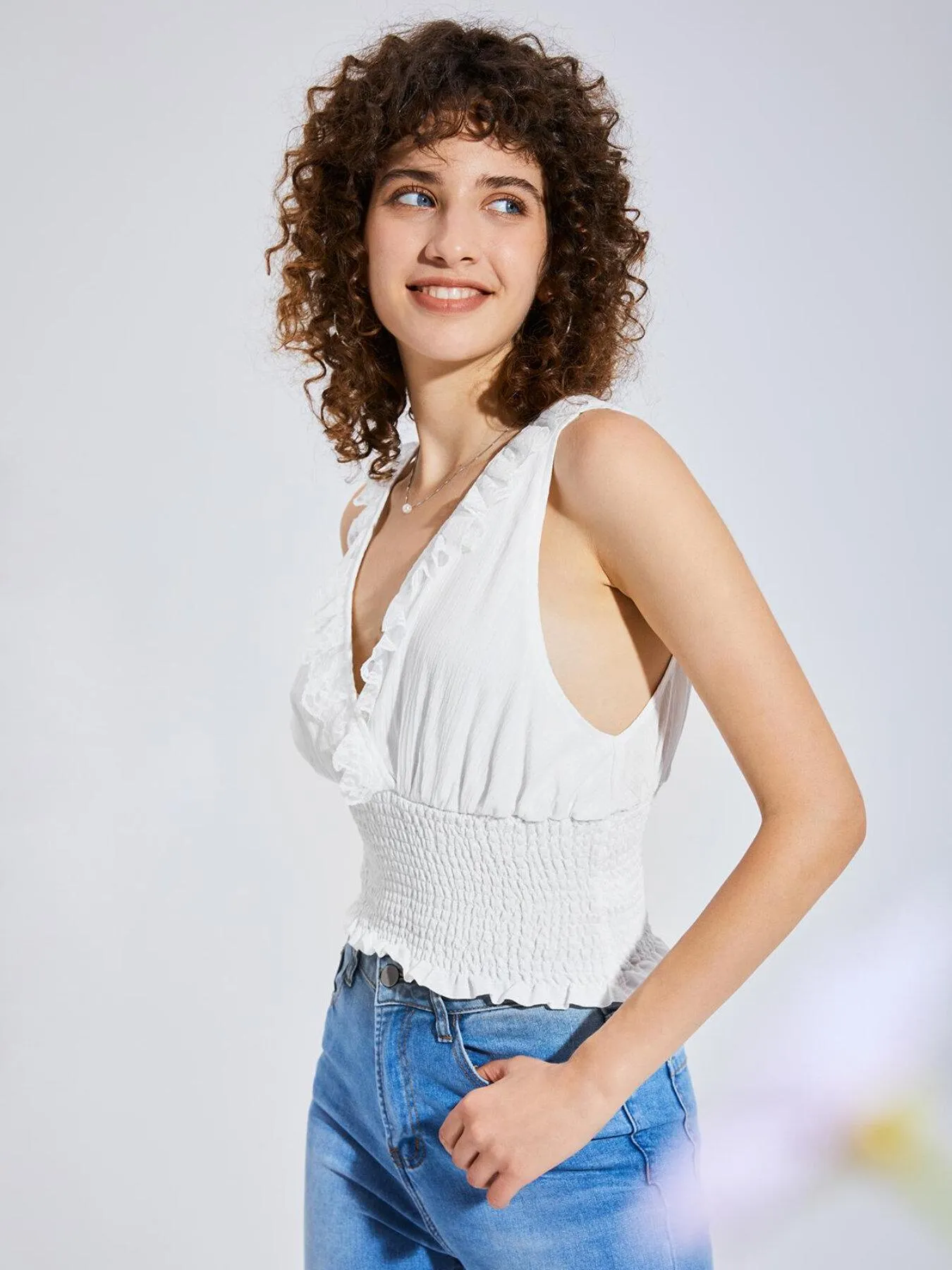 Lettuce Trim Shirred Frill Top