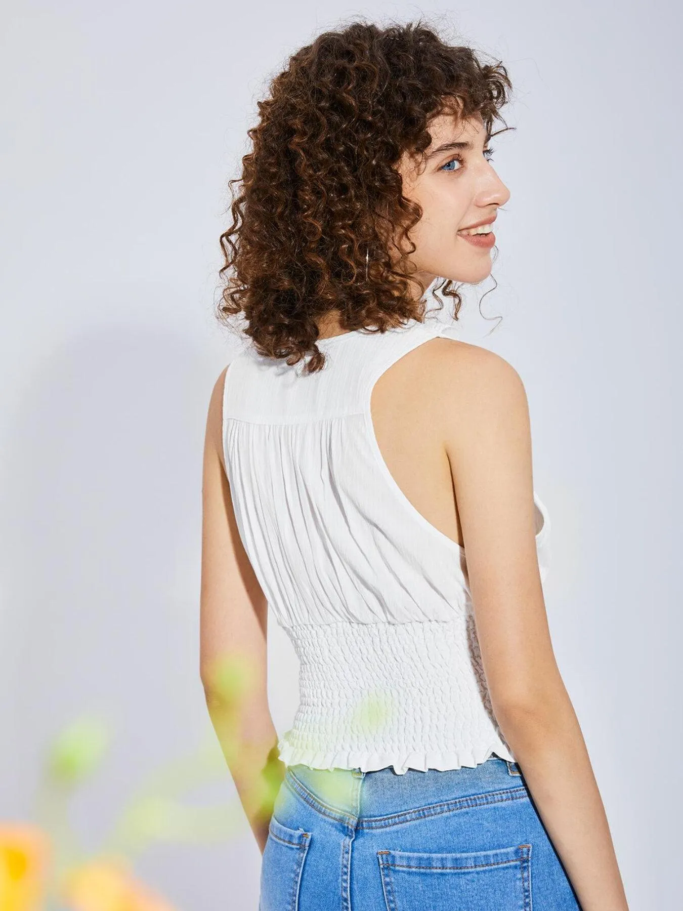 Lettuce Trim Shirred Frill Top