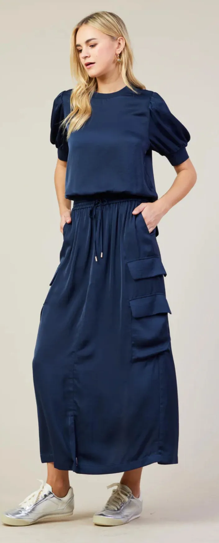 Navy Cargo Midi Skirt