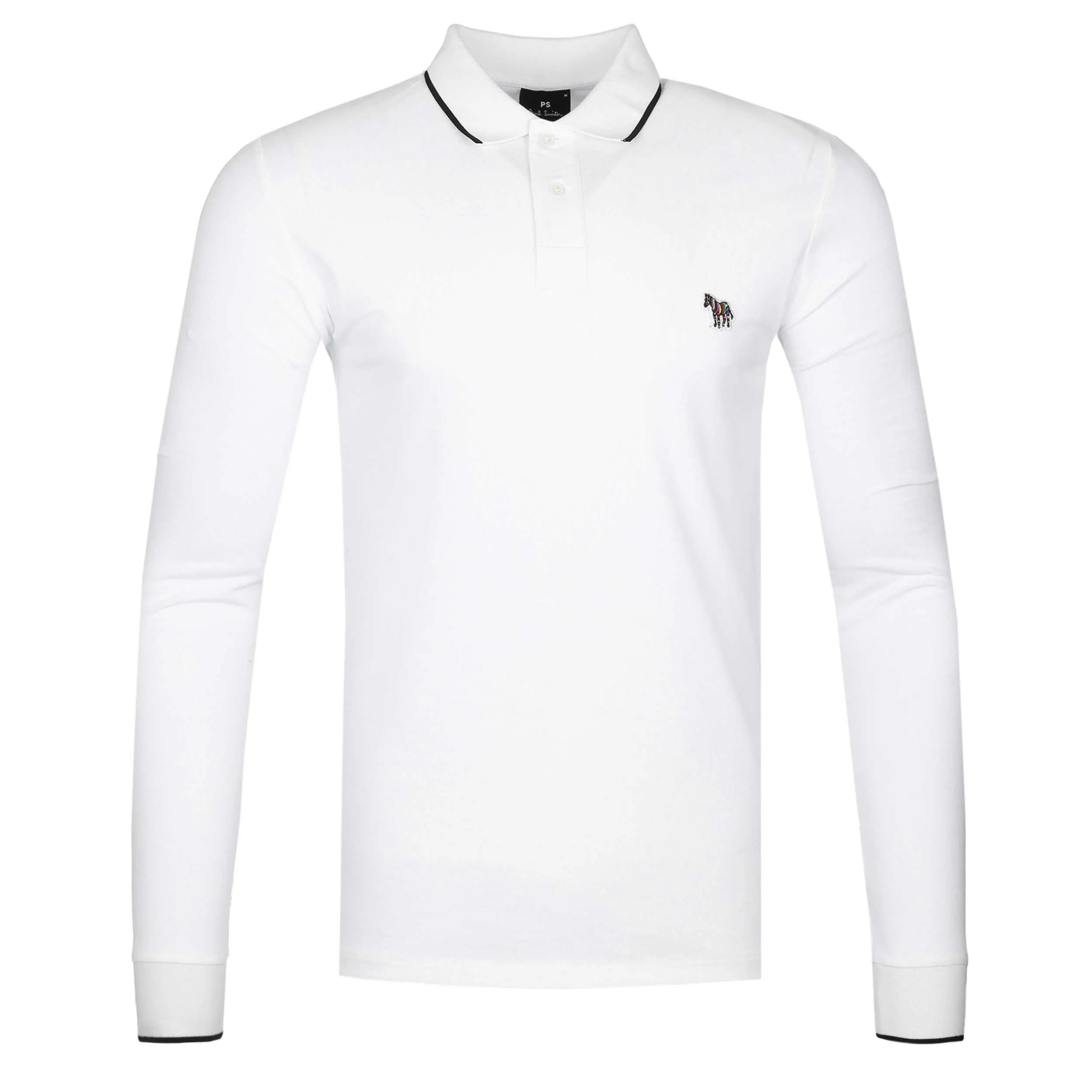 Paul Smith Zebra Badge LS Polo Shirt in White with Tipping