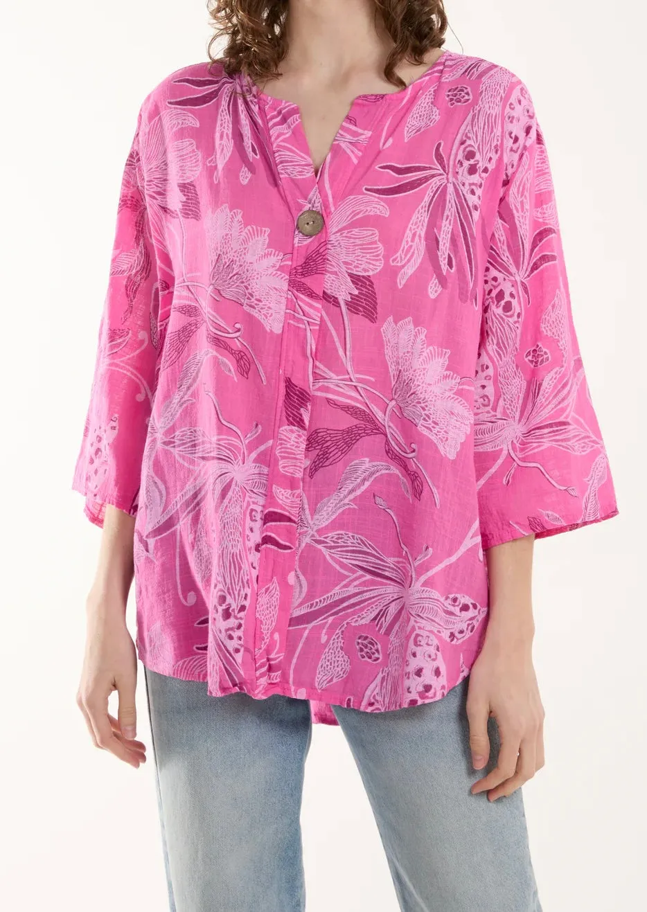 Pink Botanical Flower Print Cotton Button Detail Tunic Style Top