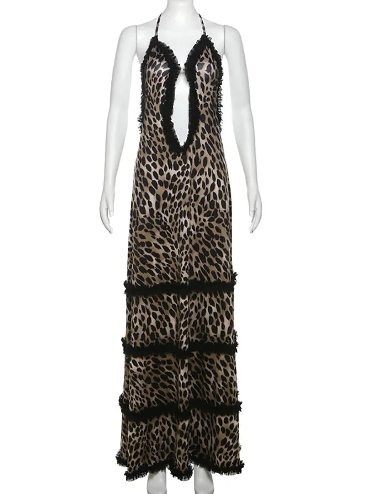 Pre Order:  Backless Leopard Print Halter Hollow Out Maxi Dress