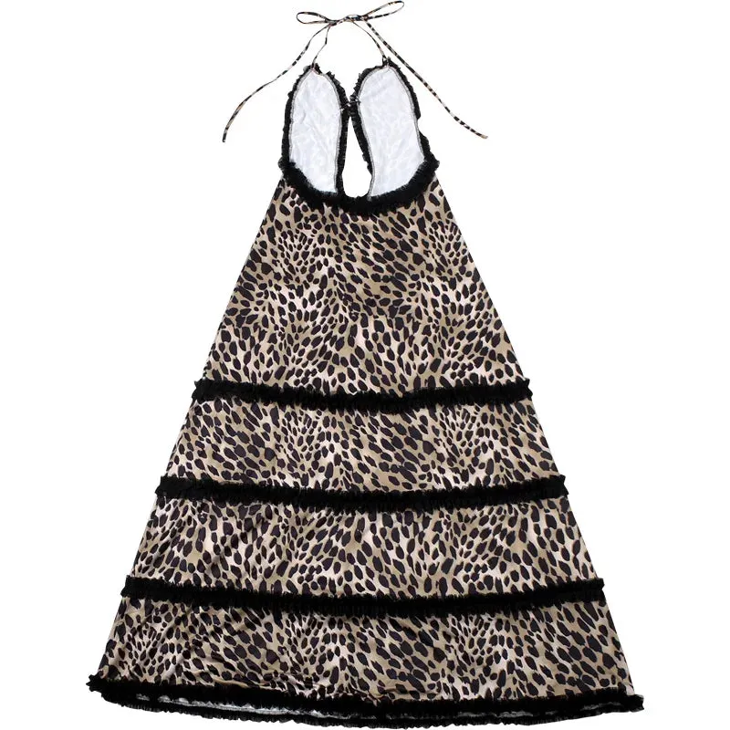 Pre Order:  Backless Leopard Print Halter Hollow Out Maxi Dress