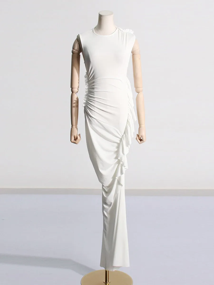 Pre Order:  White Pleated Hip Hugging Maxi Dress