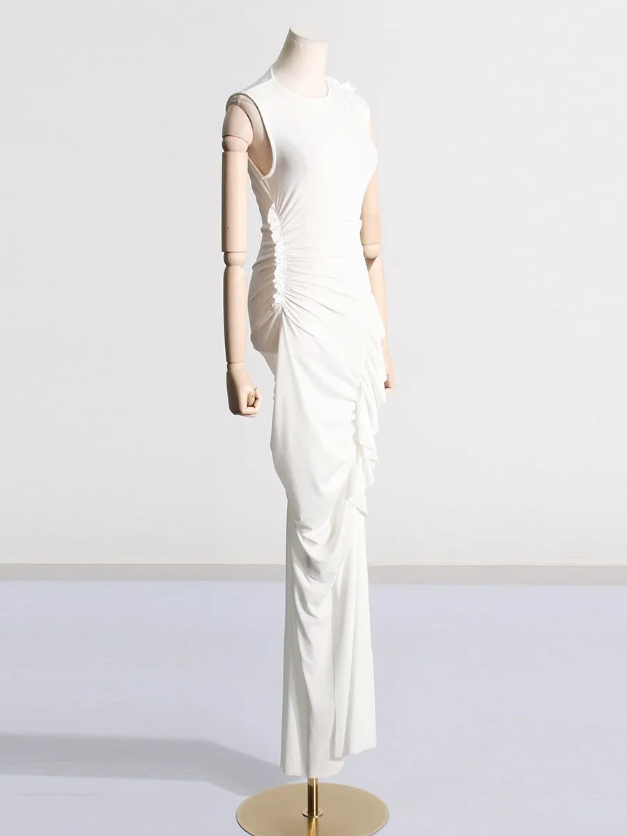 Pre Order:  White Pleated Hip Hugging Maxi Dress