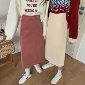 Retro Corduroy Warm Inside Elastic Waist Midi Skirt