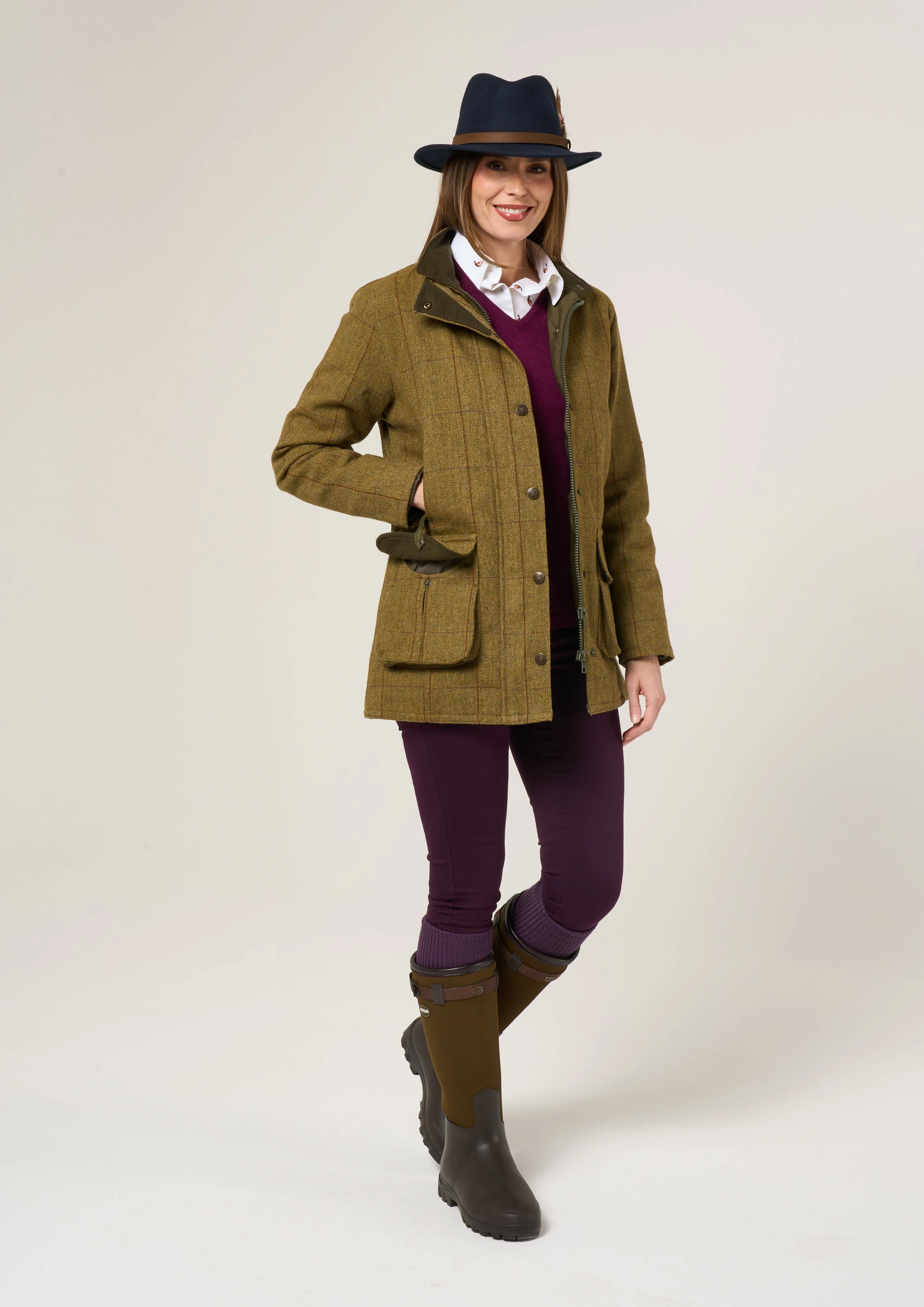 Rutland Ladies Tweed Waterproof Shooting Coat In Cypress