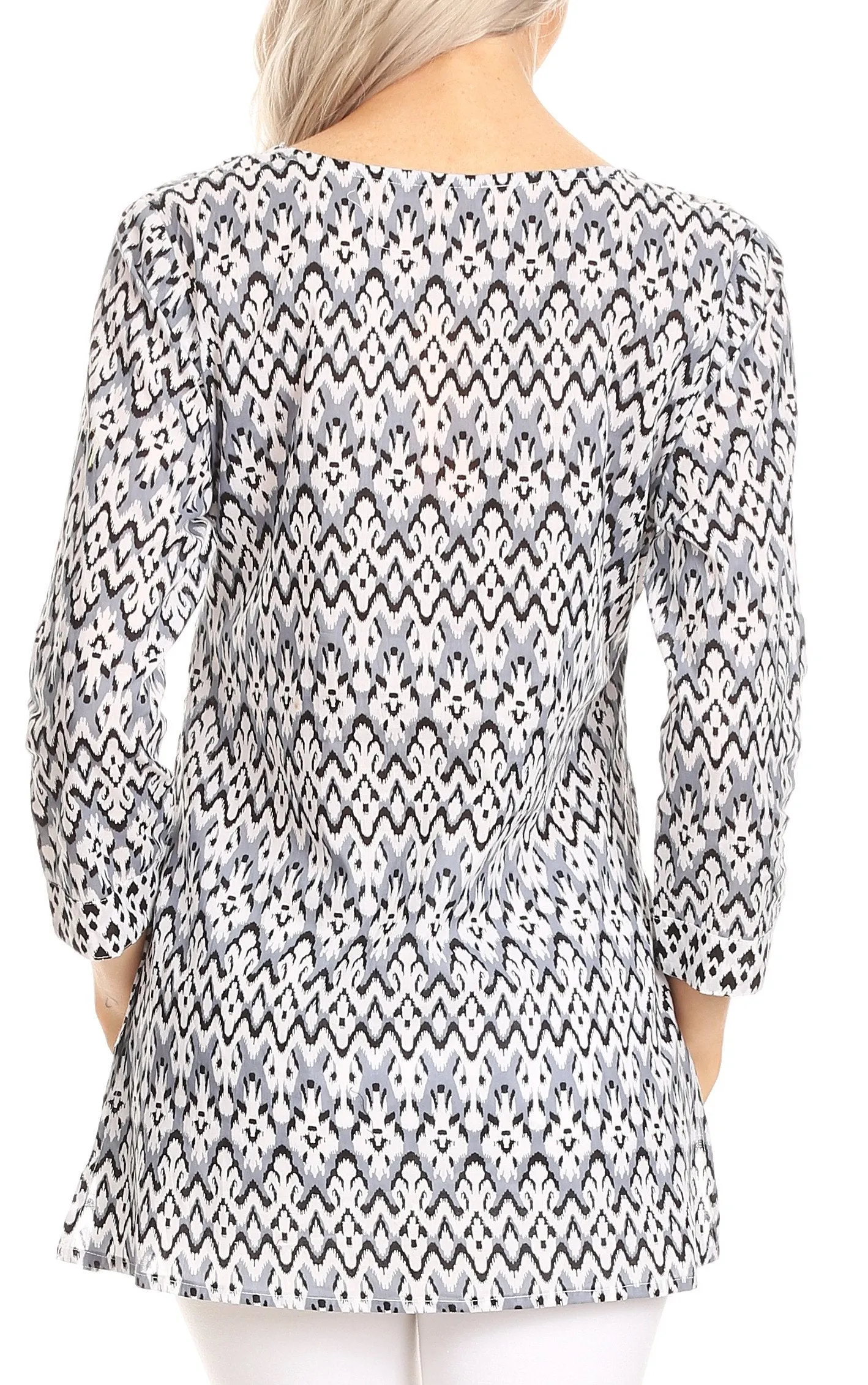 Sakkas Oana 3/4 Sleeve Split Neck Tribal Print Tunic