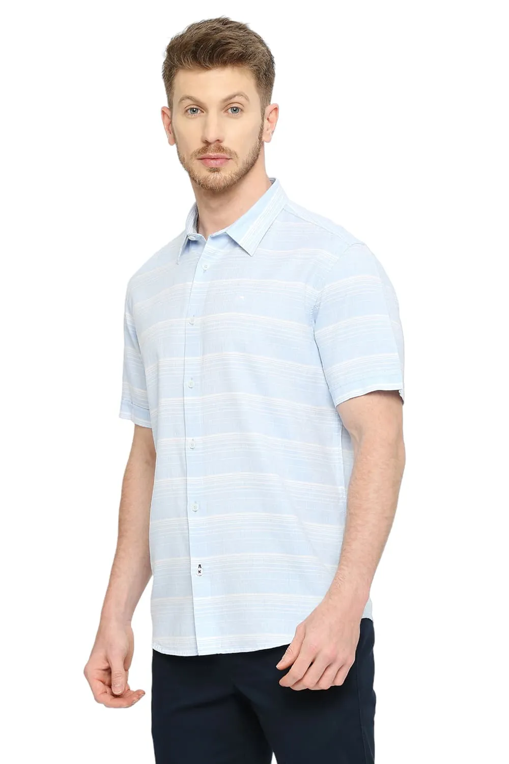 Slim Fit Cotton Tencel Weft Herringbone Stripe Halfsleeves Shirt