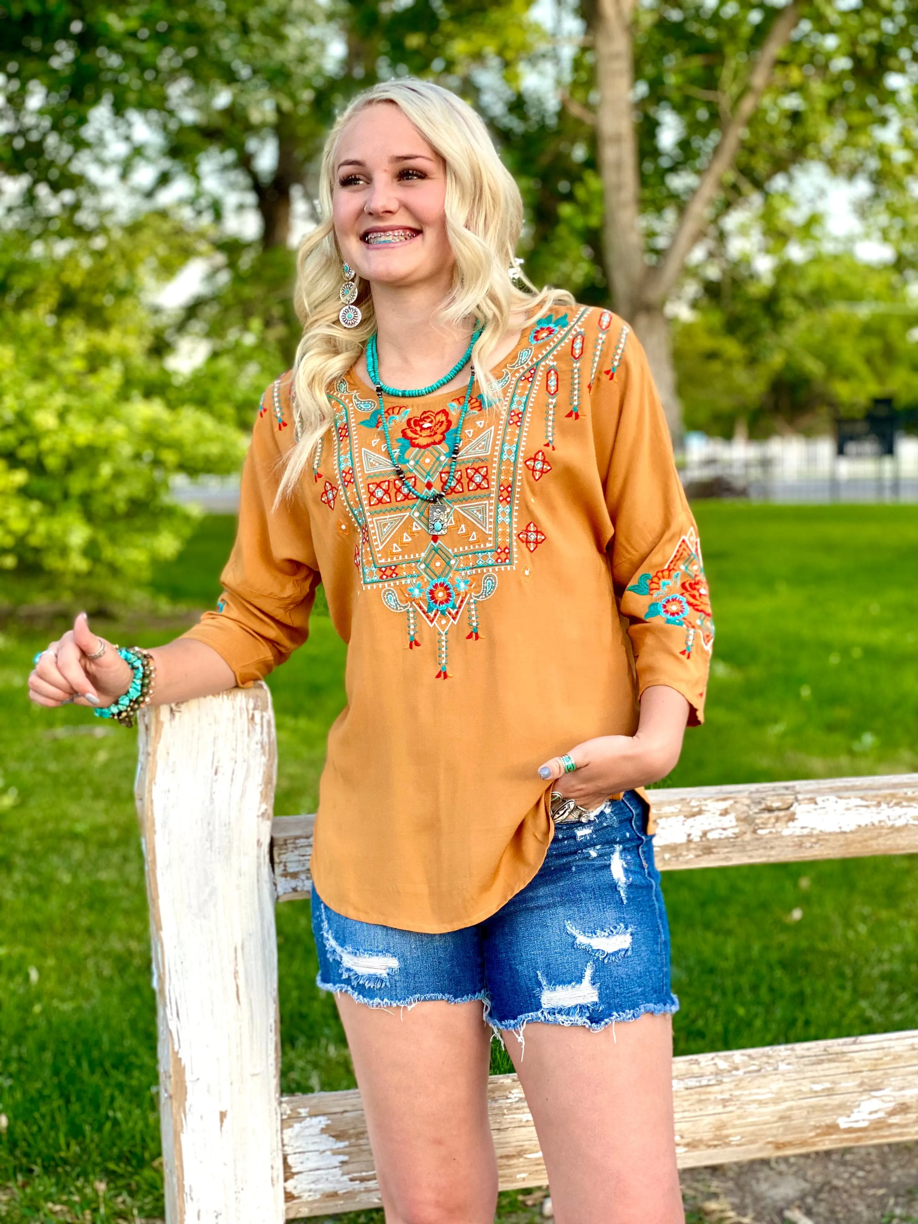 The Fall Embarcadero Mustard Embroidered Top