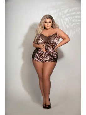 Two Piece Leopard Print Satin and Lace Cami And Tap Short Set STM-11271X-Leopard-3X/4X