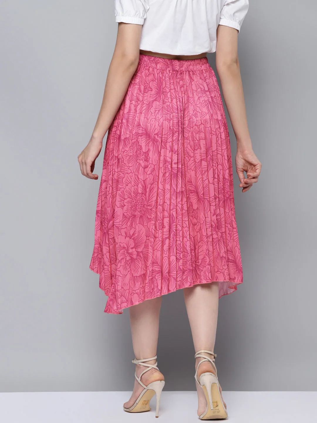 Women Fuchsia Floral Asymmetric Pleated Skirt