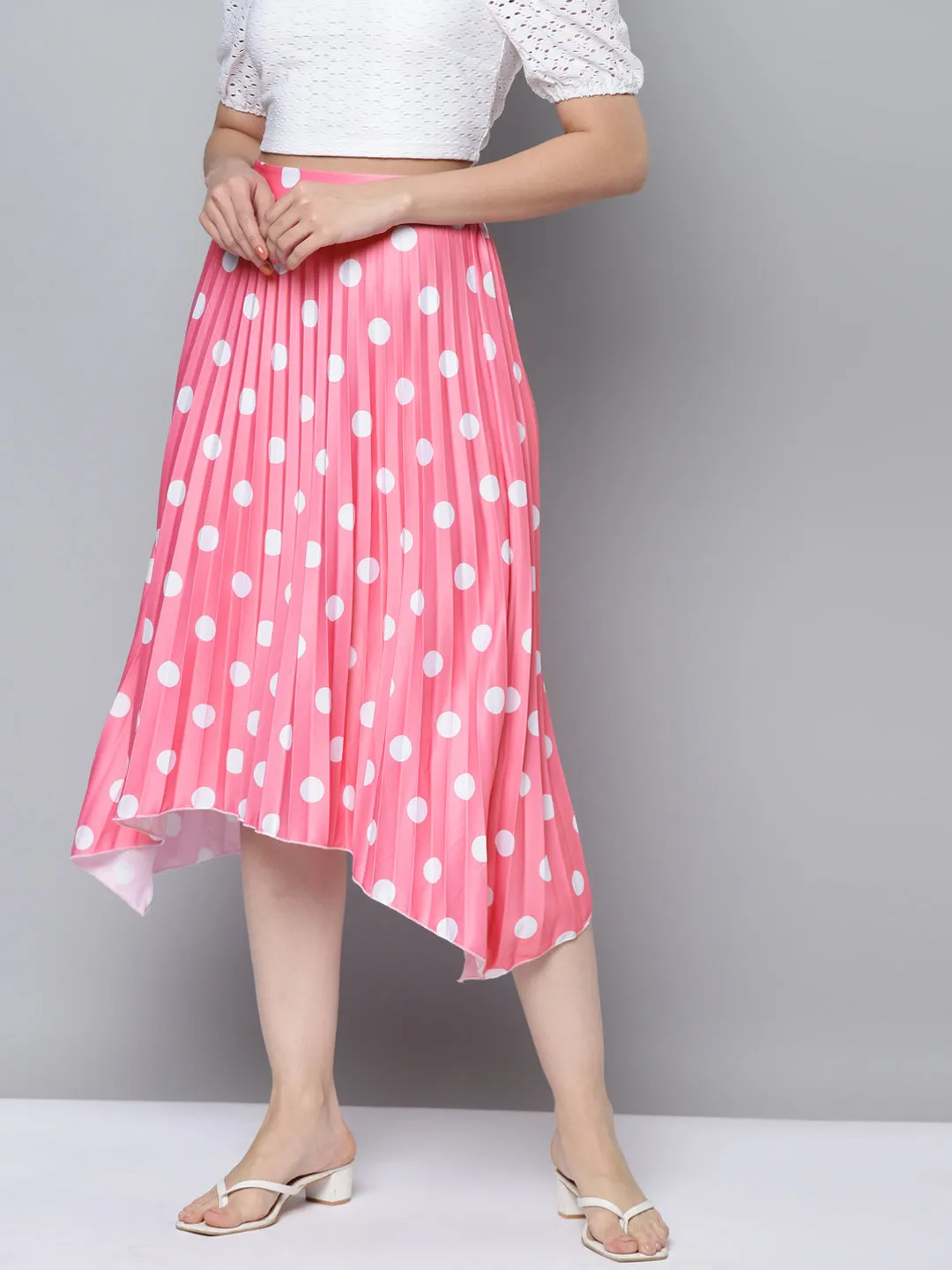 Women Pink With White Polka Dot Asymmetric Pleated Skirt