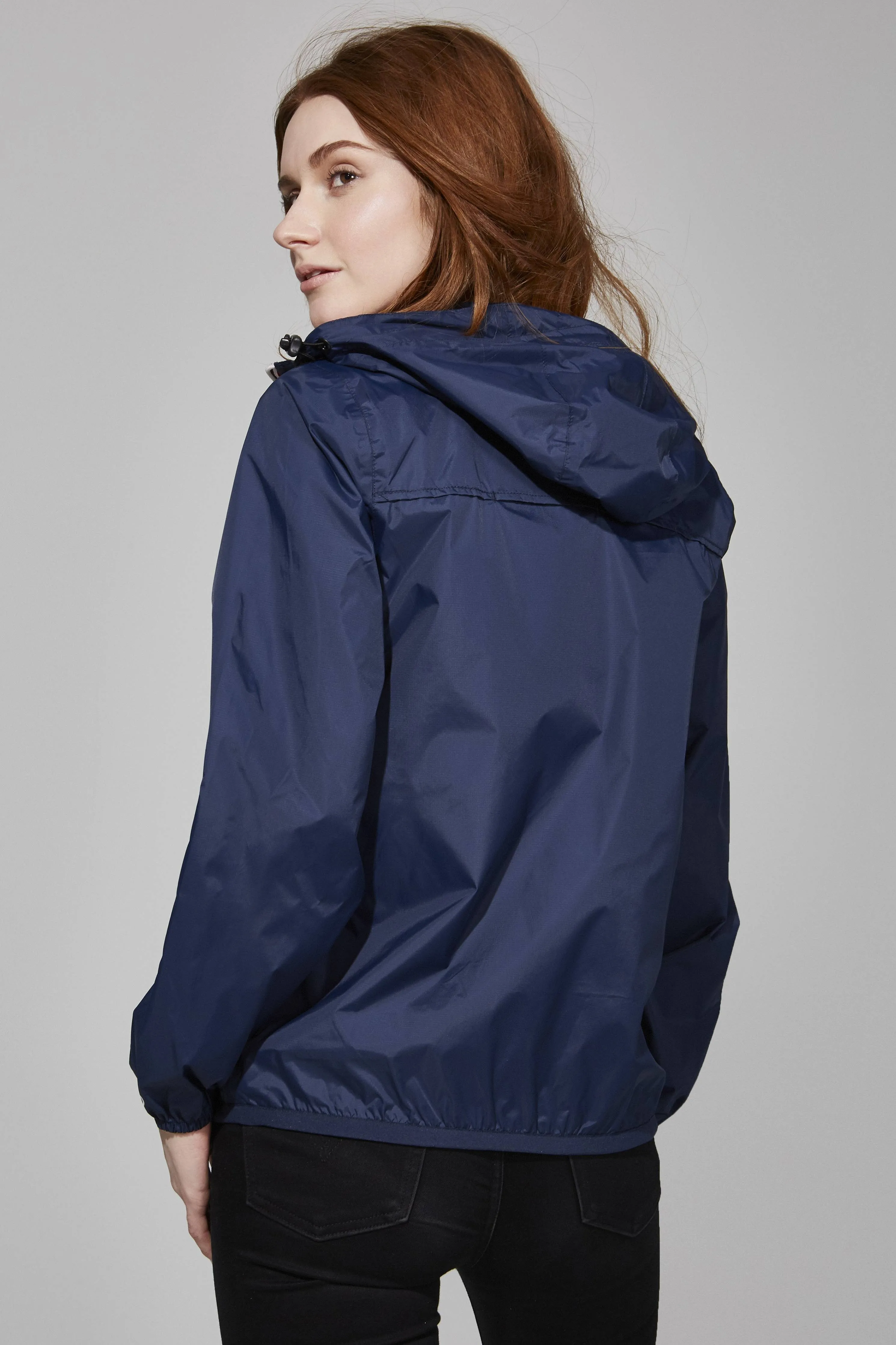 Women's Navy Full Zip Packable Rain Jacket and Windbreaker