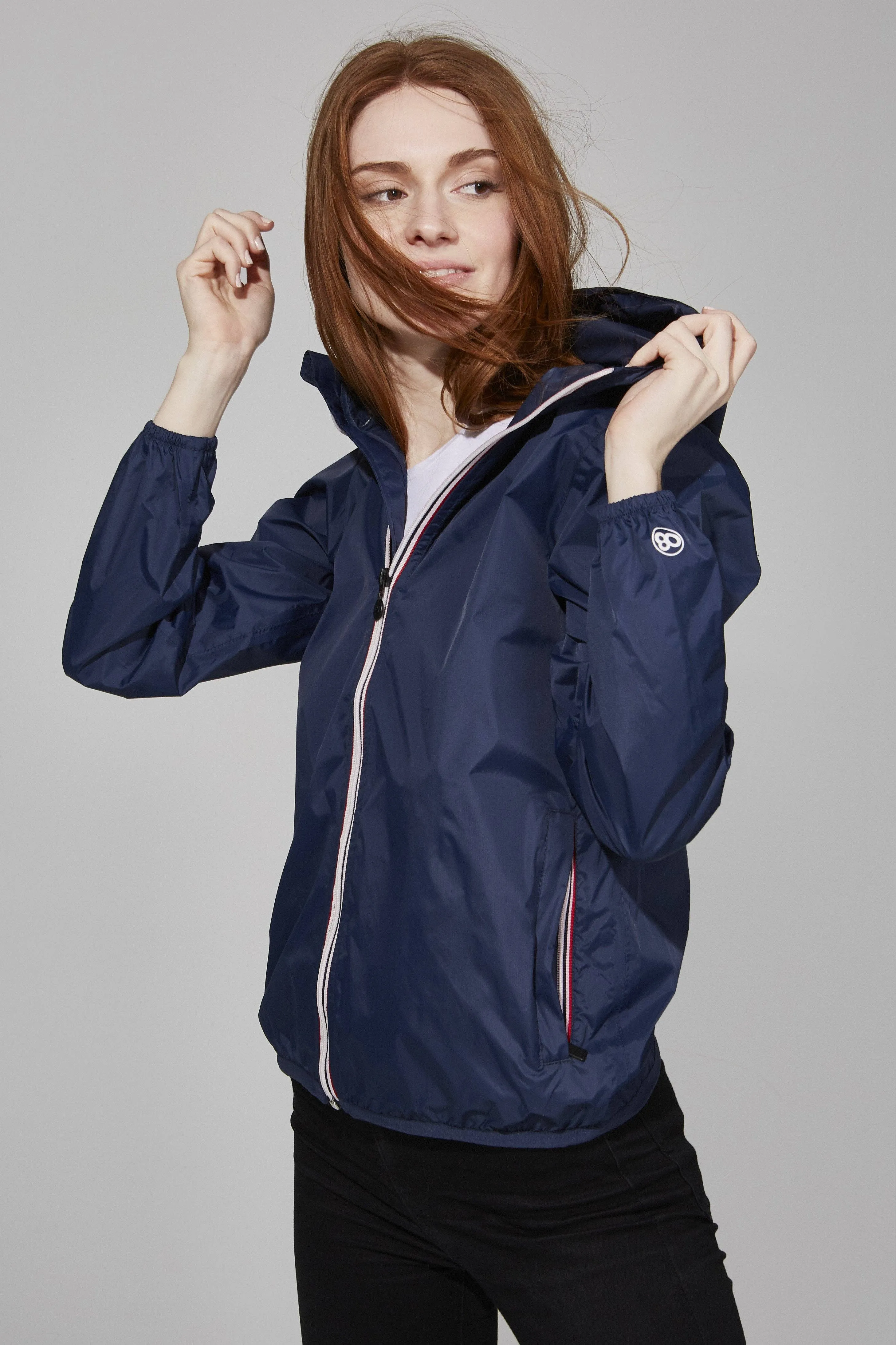 Women's Navy Full Zip Packable Rain Jacket and Windbreaker